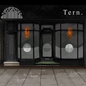 Front exterior design concept or storefront sketch with black framing, large display windows, a central doorway, abstract graphics in the windows, and the text “Tern.” in the upper right corner.