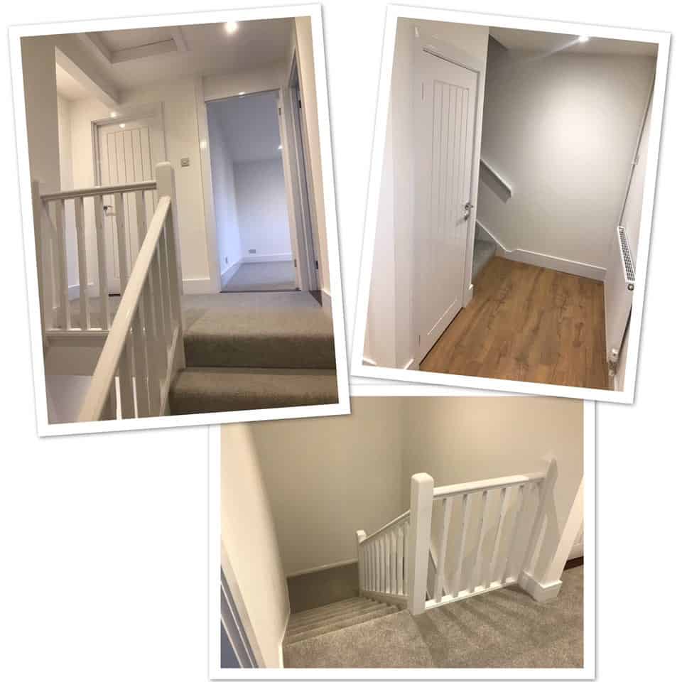 Interior staircase and hallway renovation with white railings